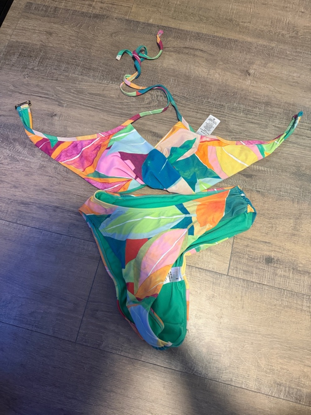 Time and Tru Vibrant Tropical Leaf Print Bikini in Green, Pink, Yellow, Orange